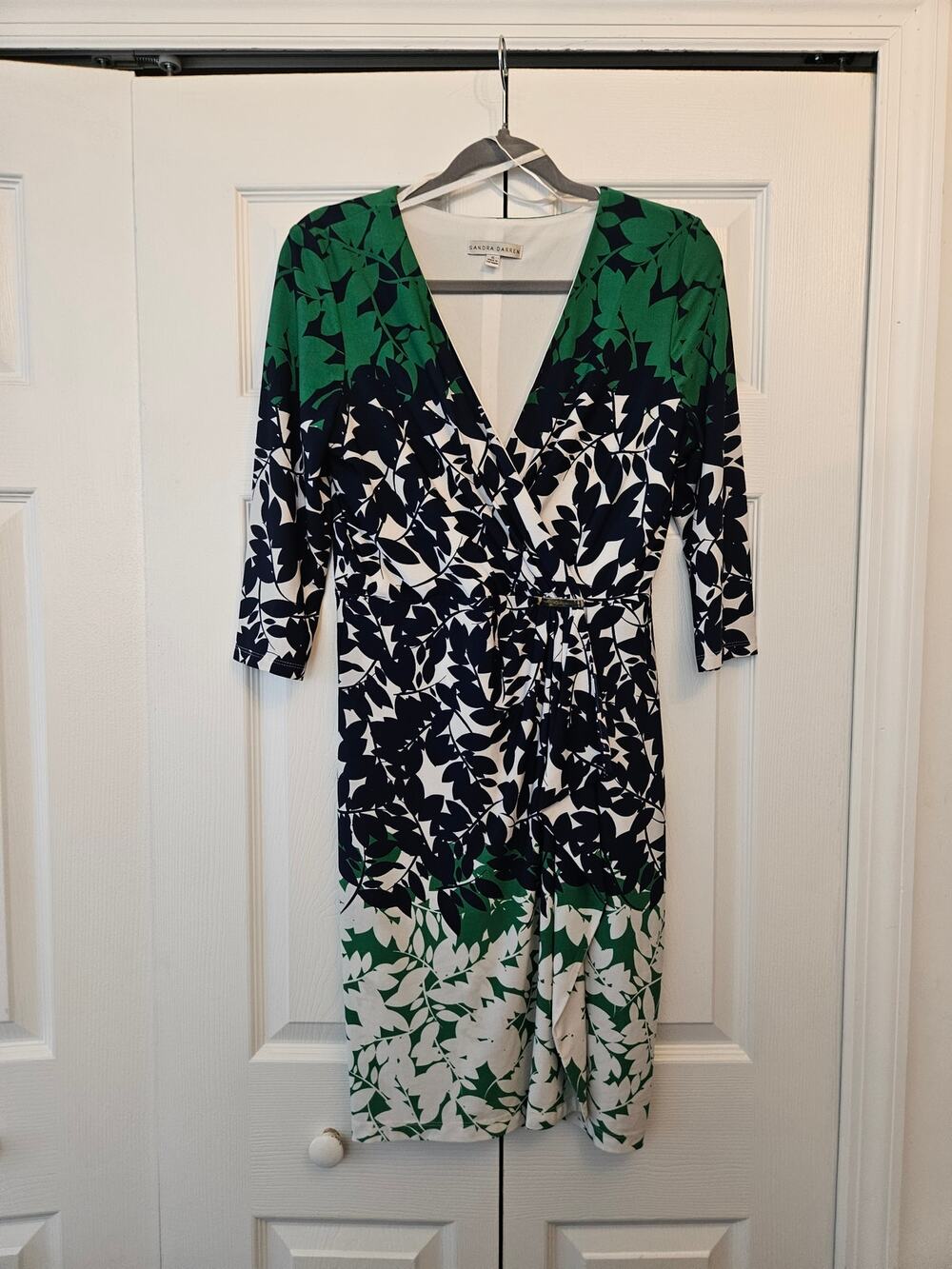 Sandra Darren 3/4 Sleeve Navy Green Leaf Printed Faux Wrap Dress, Women's 6